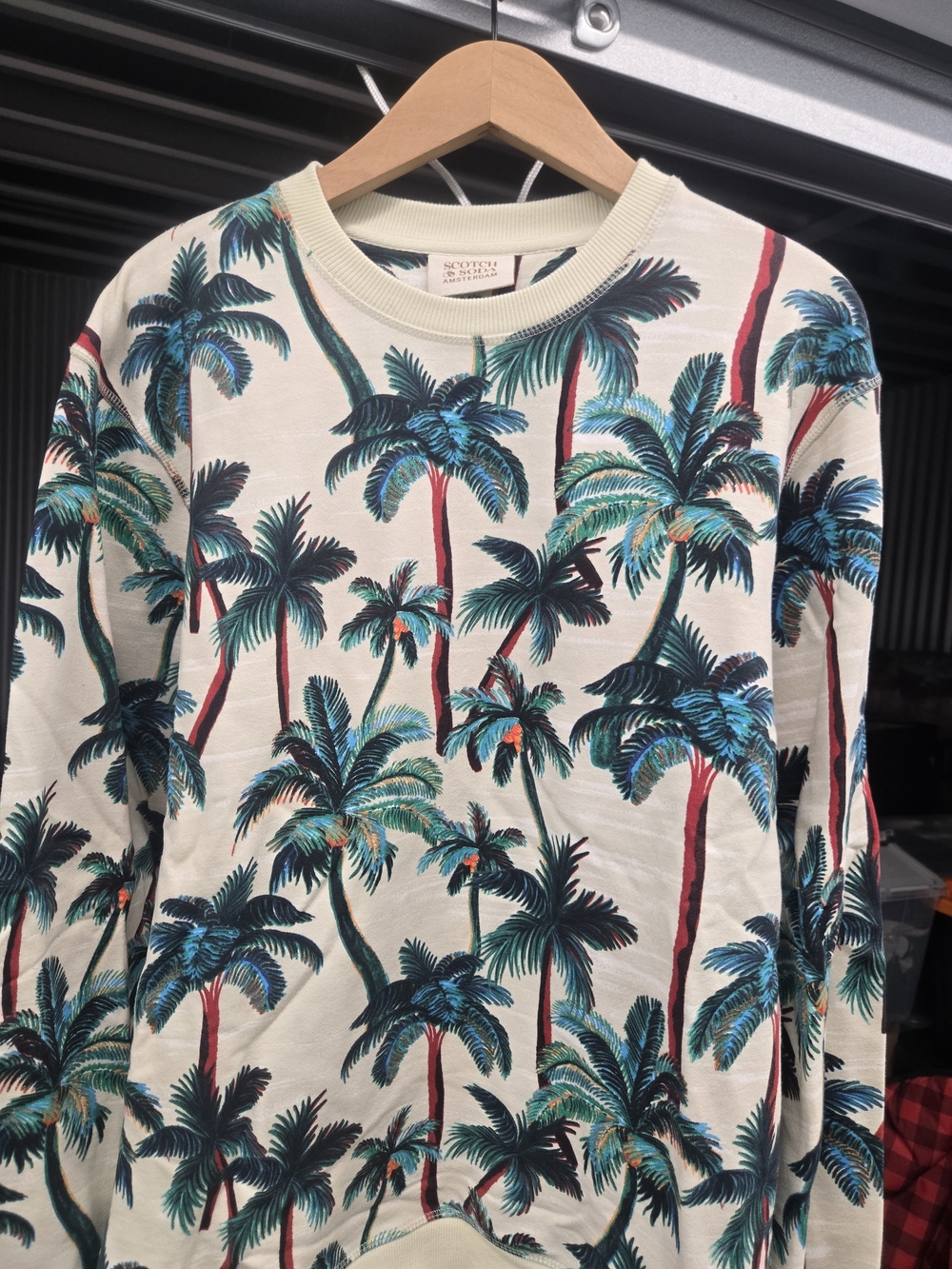 Scotch & Soda Cream Crewneck Sweater with Teal and Red Palm Print